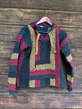 Woven Baja Pullover Hoodie in Red, Green & Yellow Stripes